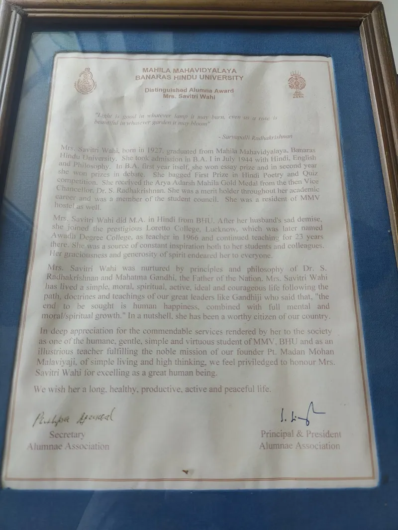 Framed distinguished alumna award letter from BHU Varanasi